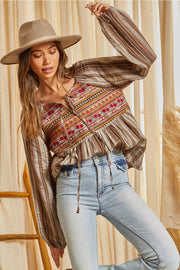 Multicolored Embroidered Striped Poet Top