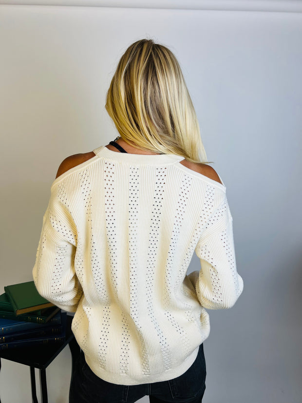 Pointelle Cold Shoulder Sweater