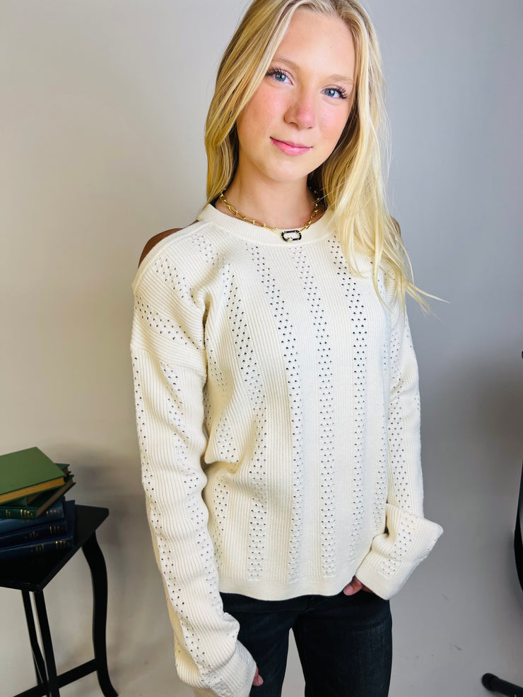 Pointelle Cold Shoulder Sweater
