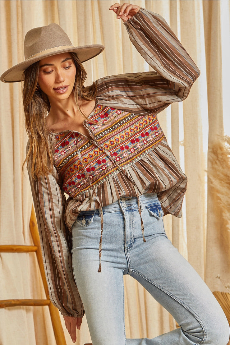 Multicolored Embroidered Striped Poet Top